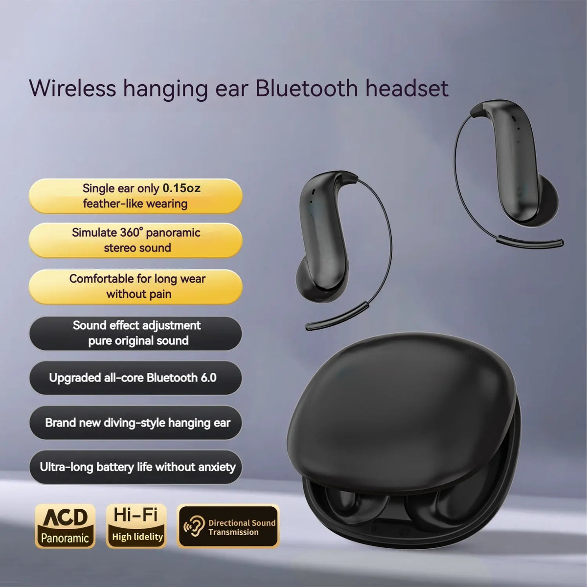 Bluetooth Headphones — "Zero-gravity" titanium alloy ear-hook design with noise-isolating capabilities.