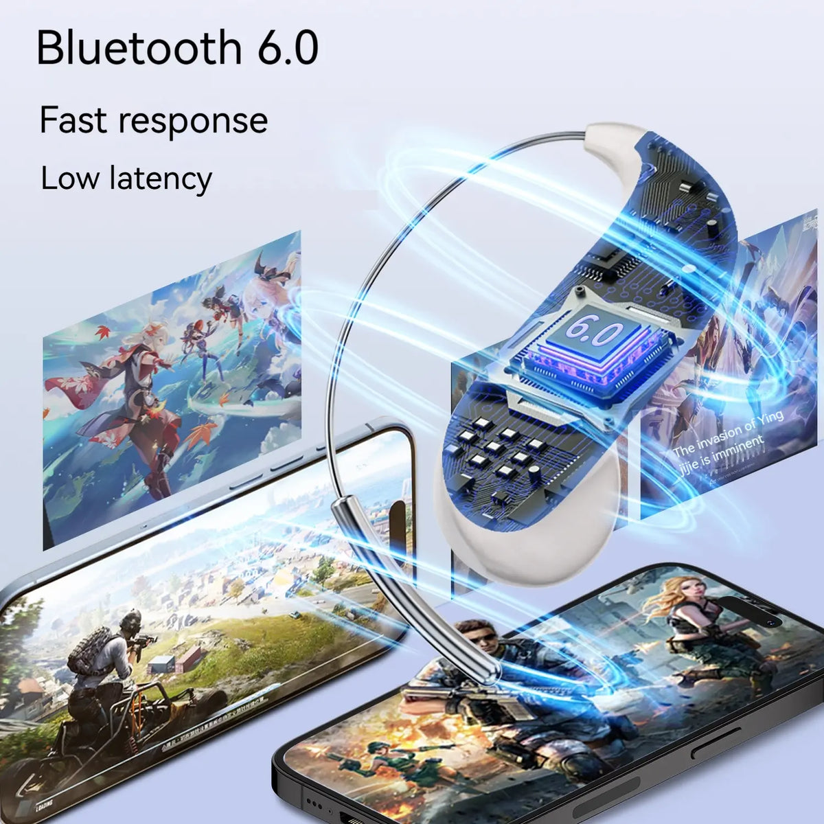 Bluetooth Headphones — "Zero-gravity" titanium alloy ear-hook design with noise-isolating capabilities.