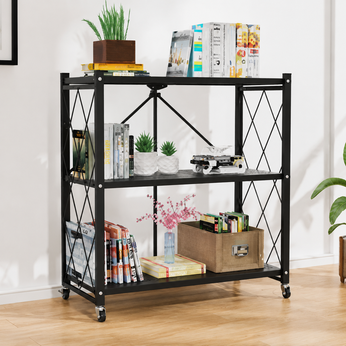 Foldable storage rack with locking casters, space-saving design, freestanding metal shelving unit.