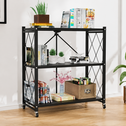 Foldable storage rack with locking casters, space-saving design, freestanding metal shelving unit.