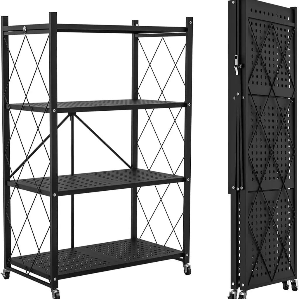 Foldable storage rack with locking casters, space-saving design, freestanding metal shelving unit.