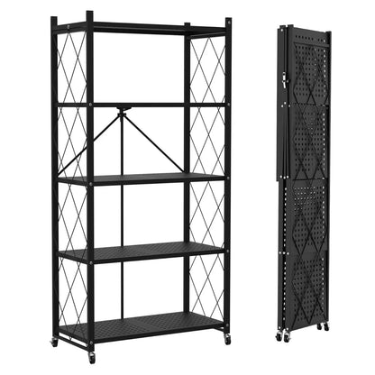 Foldable storage rack with locking casters, space-saving design, freestanding metal shelving unit.