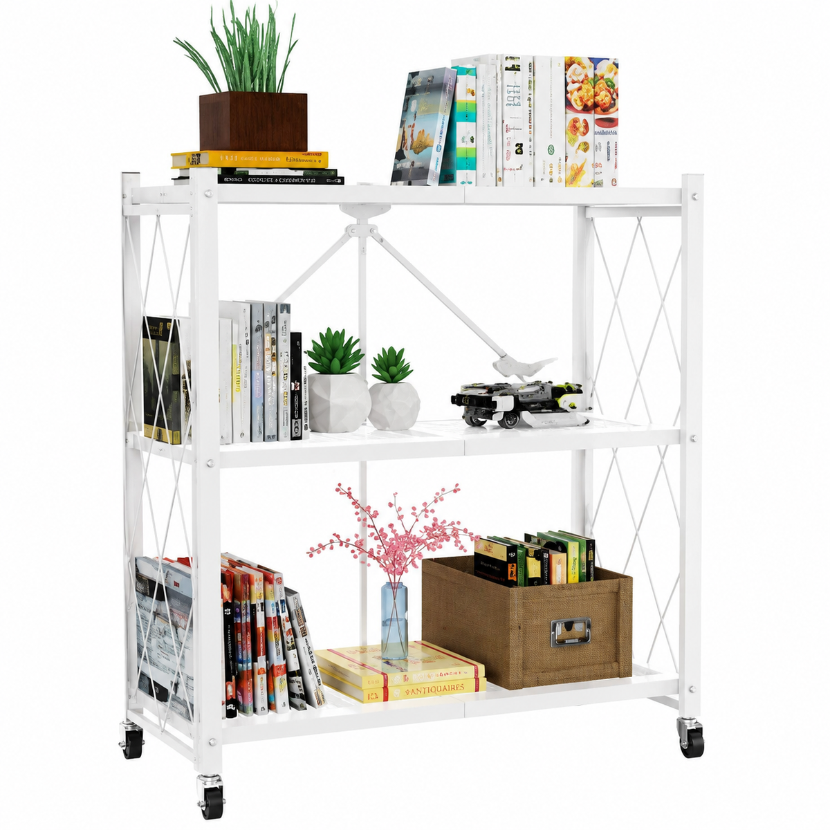 Foldable storage rack with locking casters, space-saving design, freestanding metal shelving unit.