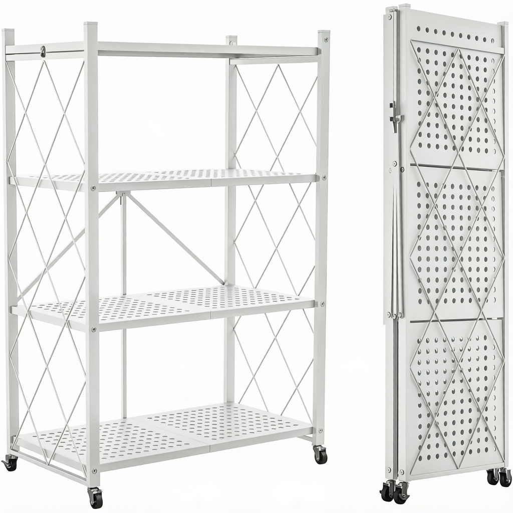 Foldable storage rack with locking casters, space-saving design, freestanding metal shelving unit.