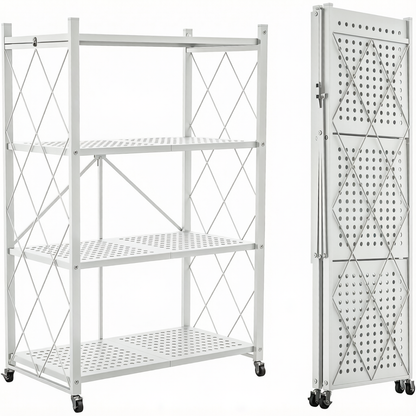 Foldable storage rack with locking casters, space-saving design, freestanding metal shelving unit.