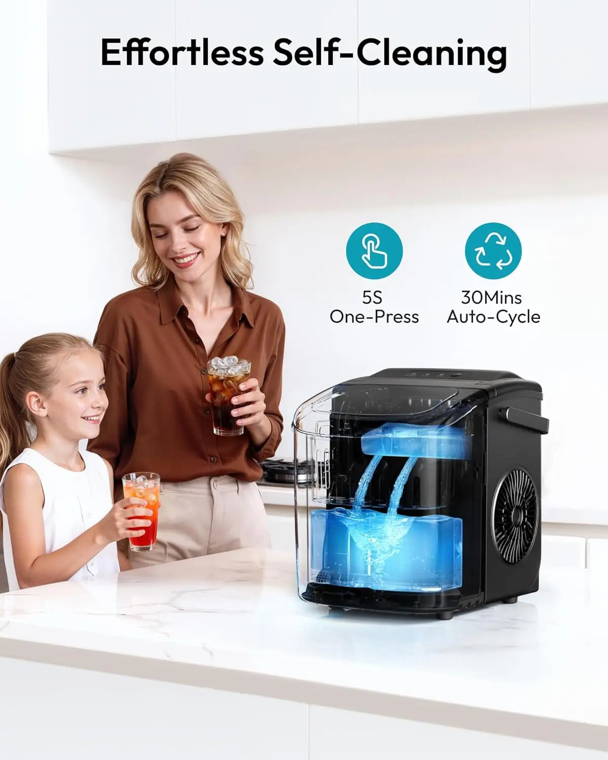 Portable self-cleaning ice maker, countertop ice maker (with handle)