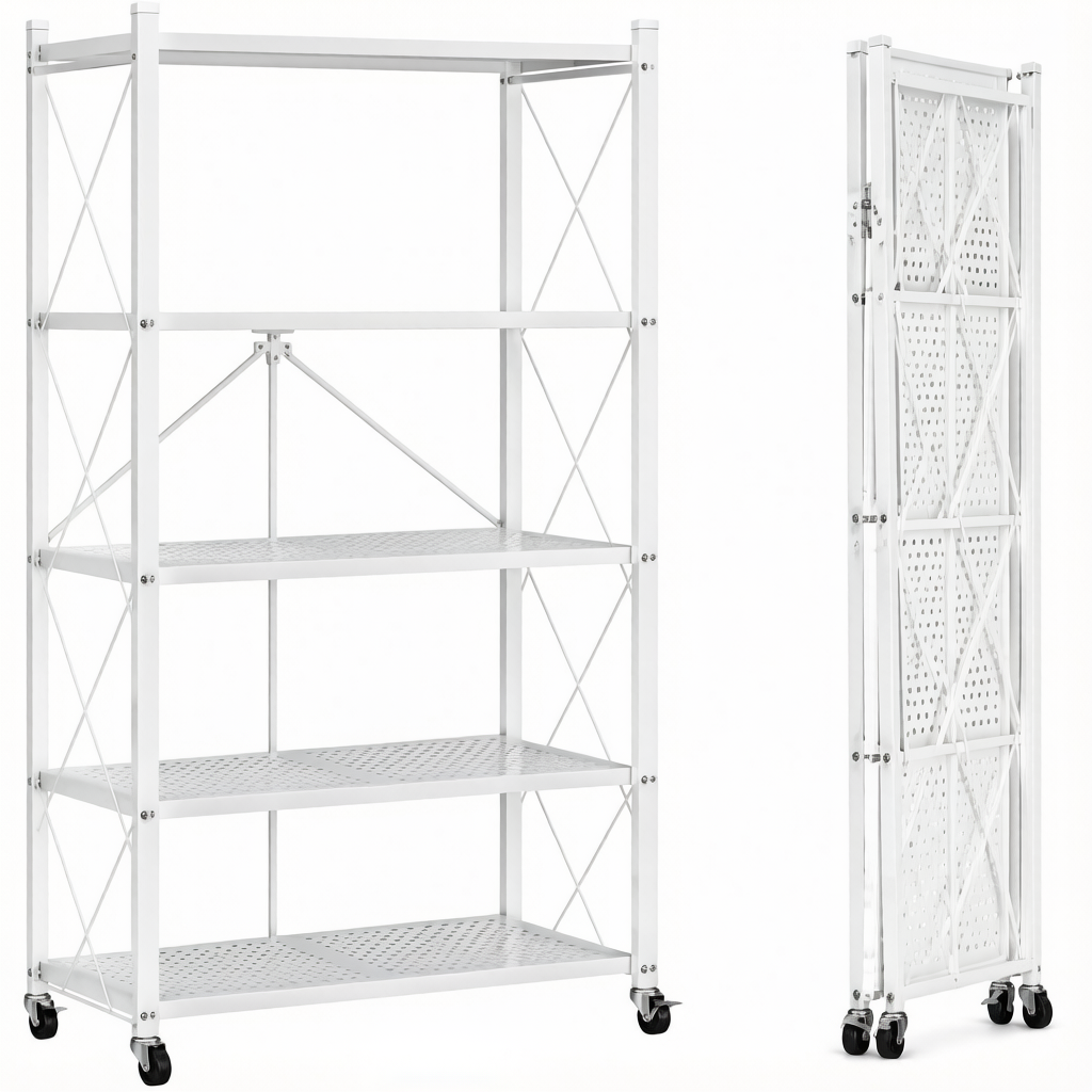 Foldable storage rack with locking casters, space-saving design, freestanding metal shelving unit.