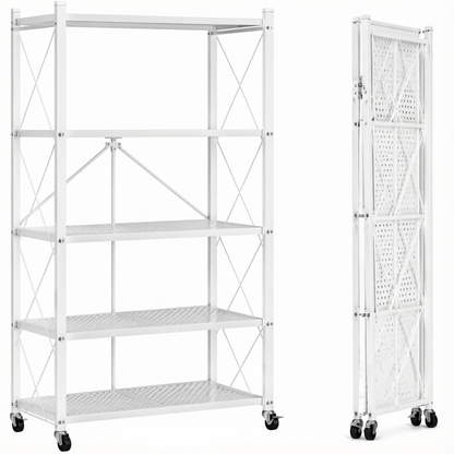 Foldable storage rack with locking casters, space-saving design, freestanding metal shelving unit.