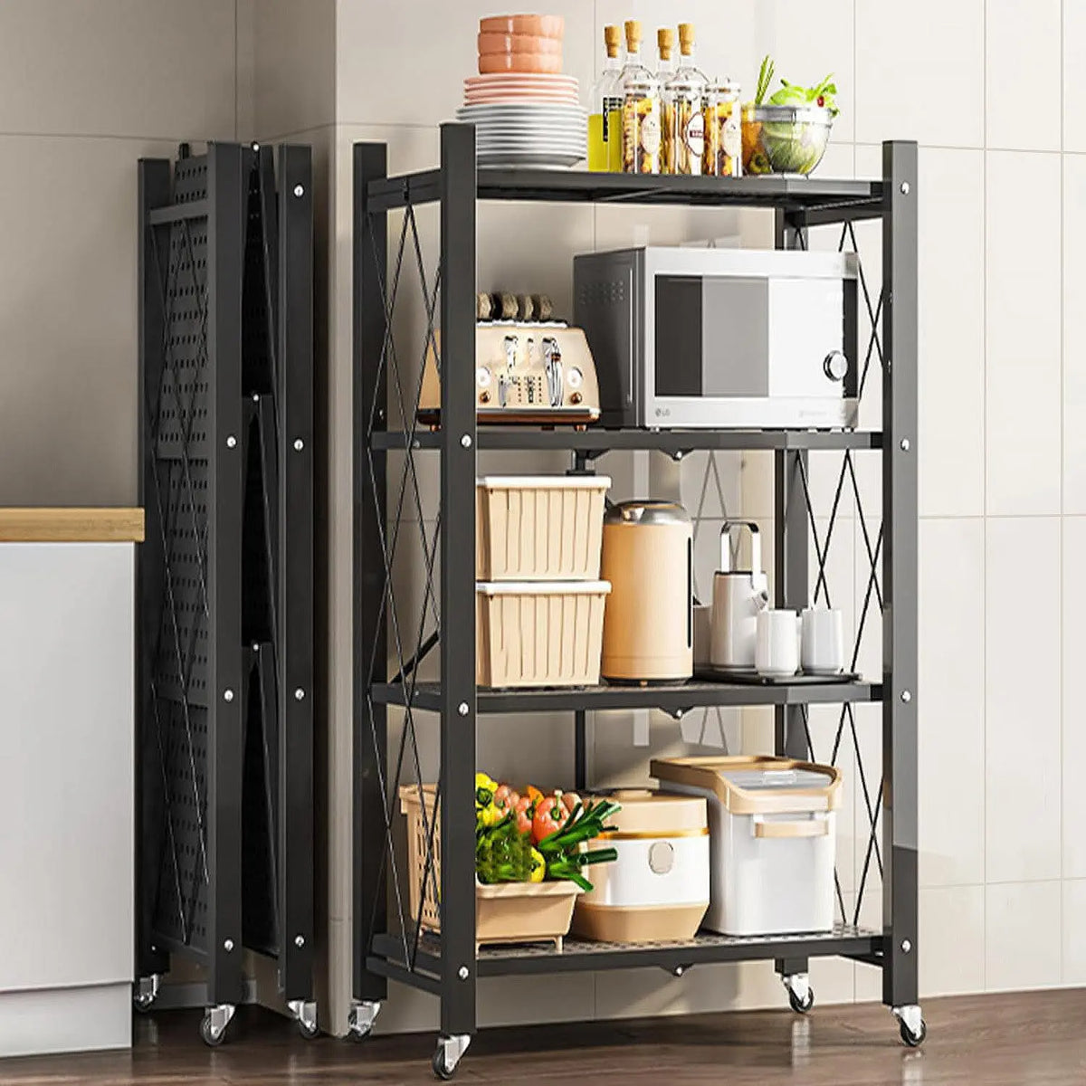 Foldable storage rack with locking casters, space-saving design, freestanding metal shelving unit.