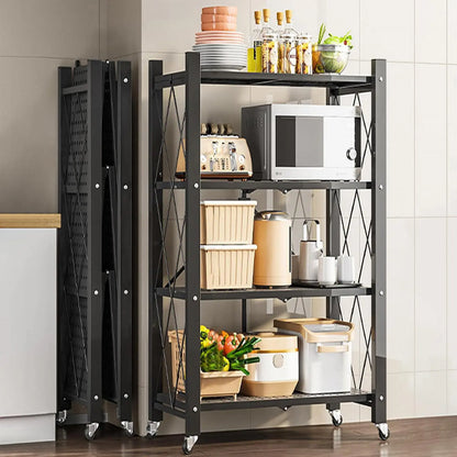 Foldable storage rack with locking casters, space-saving design, freestanding metal shelving unit.