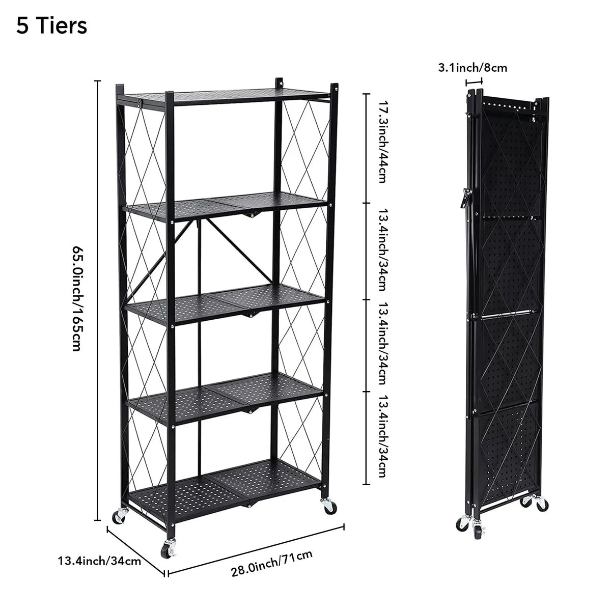 Foldable storage rack with locking casters, space-saving design, freestanding metal shelving unit.