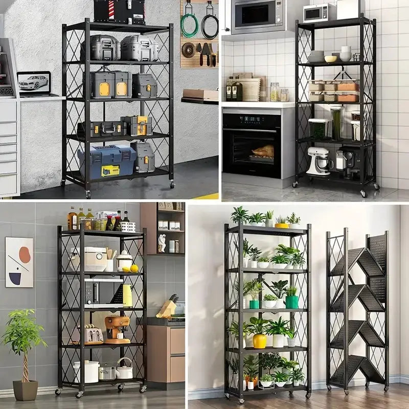 Foldable storage rack with locking casters, space-saving design, freestanding metal shelving unit.