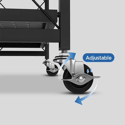 Foldable storage rack with locking casters, space-saving design, freestanding metal shelving unit.