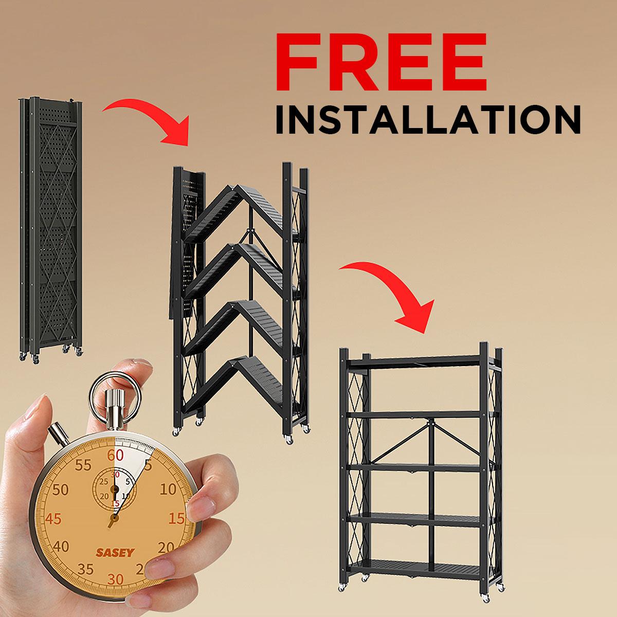 Foldable storage rack with locking casters, space-saving design, freestanding metal shelving unit.