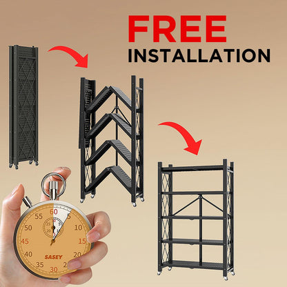 Foldable storage rack with locking casters, space-saving design, freestanding metal shelving unit.