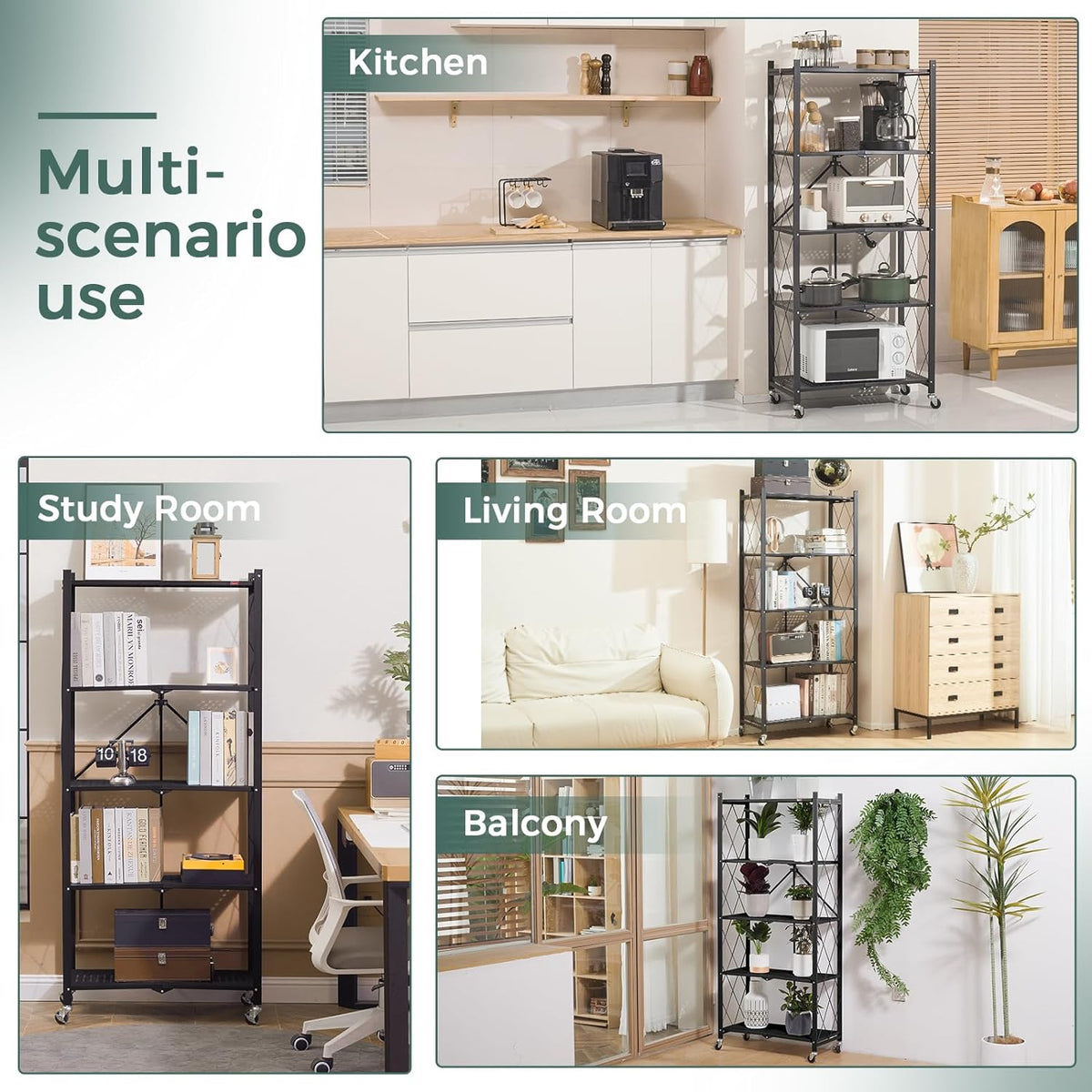 Foldable storage rack with locking casters, space-saving design, freestanding metal shelving unit.