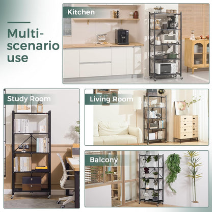 Foldable storage rack with locking casters, space-saving design, freestanding metal shelving unit.