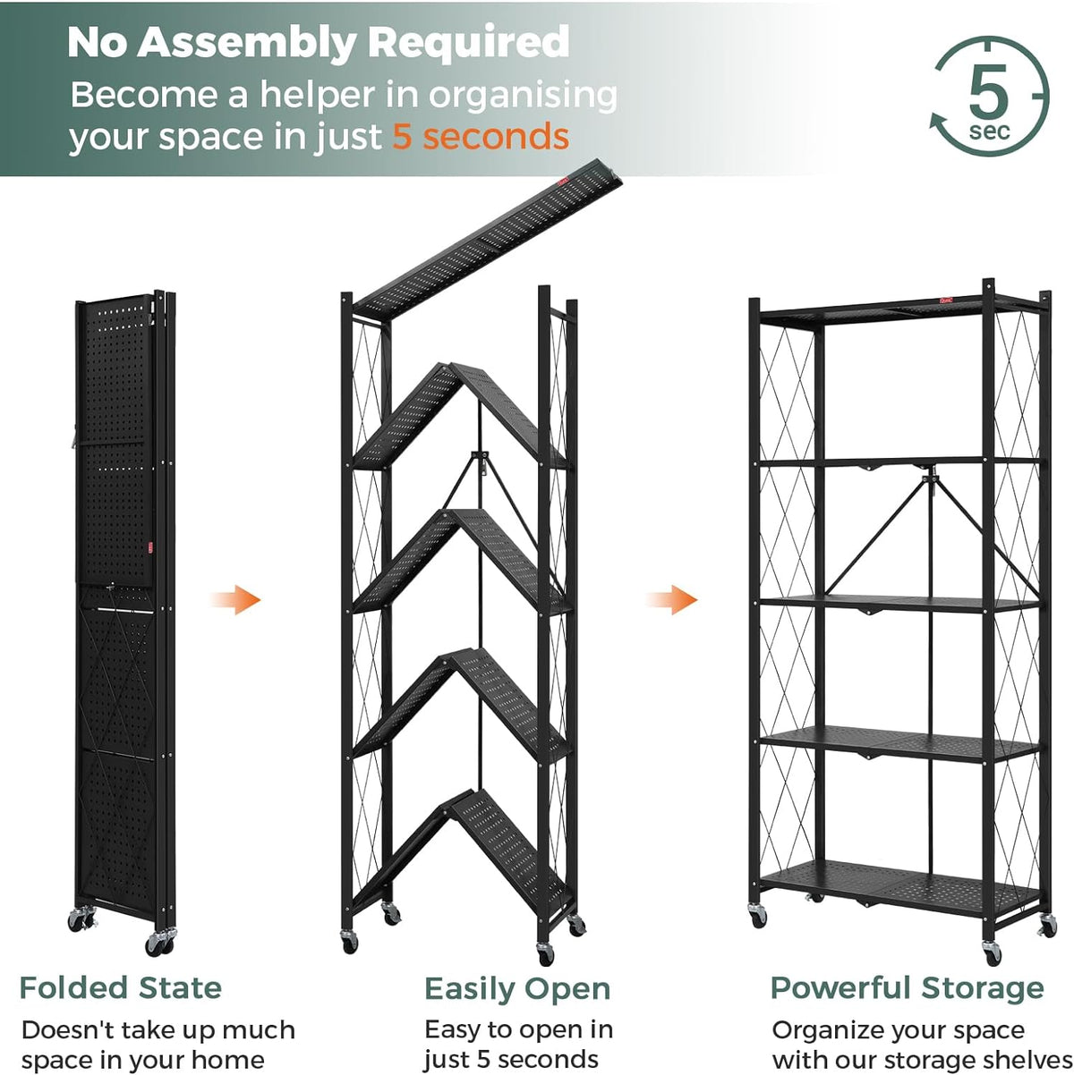 Foldable storage rack with locking casters, space-saving design, freestanding metal shelving unit.