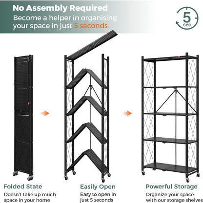 Foldable storage rack with locking casters, space-saving design, freestanding metal shelving unit.