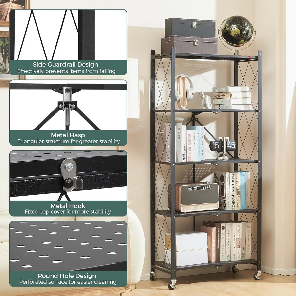 Foldable storage rack with locking casters, space-saving design, freestanding metal shelving unit.