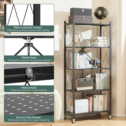 Foldable storage rack with locking casters, space-saving design, freestanding metal shelving unit.