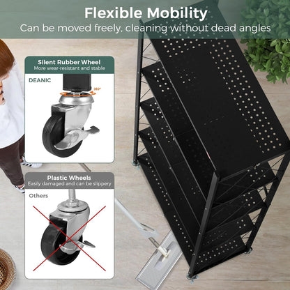 Foldable storage rack with locking casters, space-saving design, freestanding metal shelving unit.