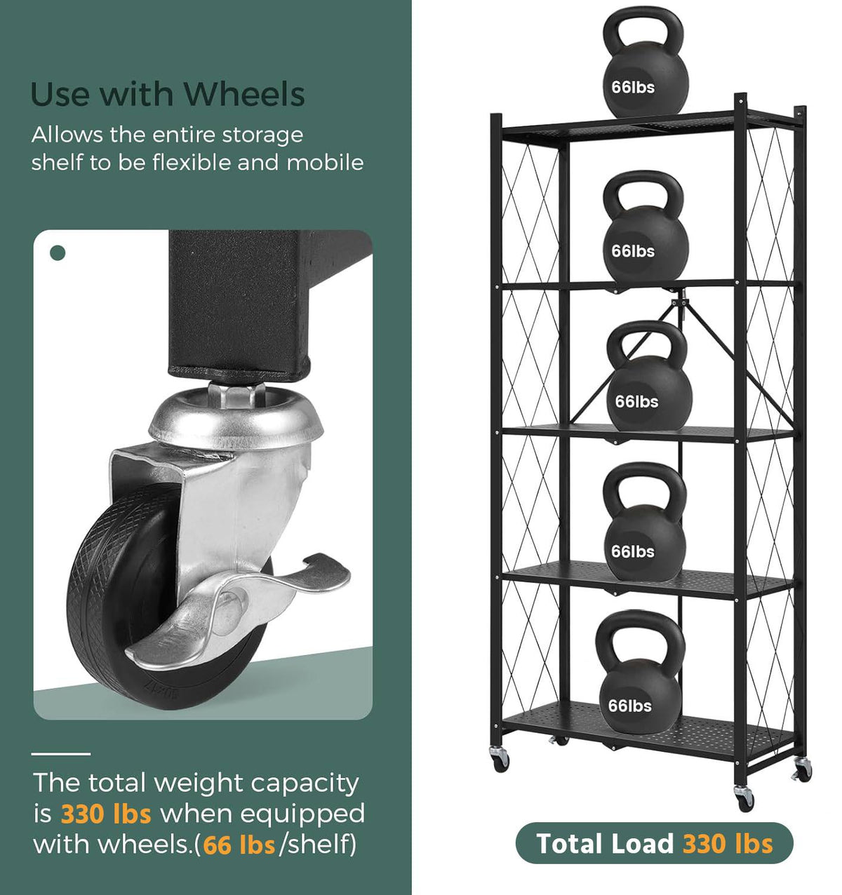 Foldable storage rack with locking casters, space-saving design, freestanding metal shelving unit.